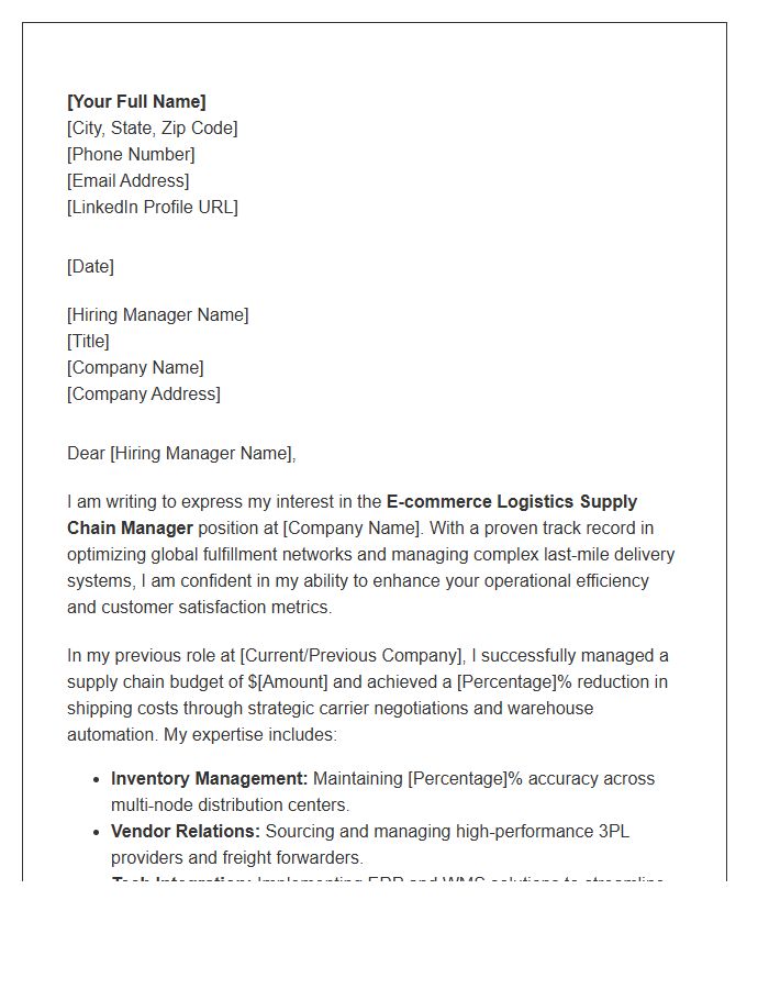 E-commerce Logistics Supply Chain Manager Cover Letter Template