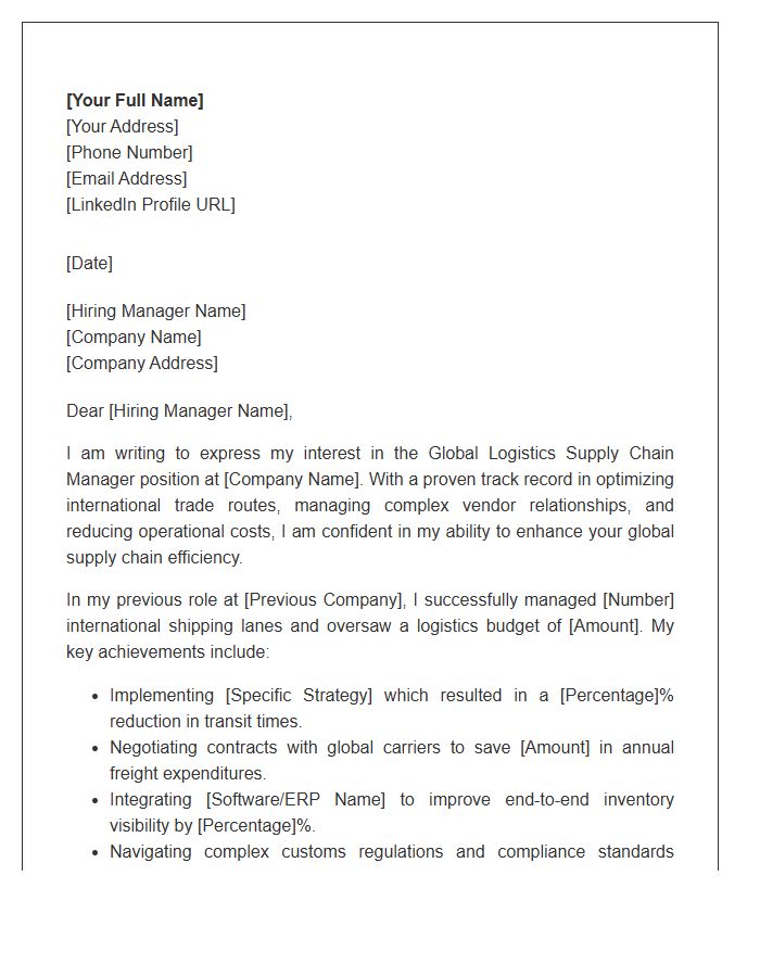 Global Logistics Supply Chain Manager Cover Letter Template