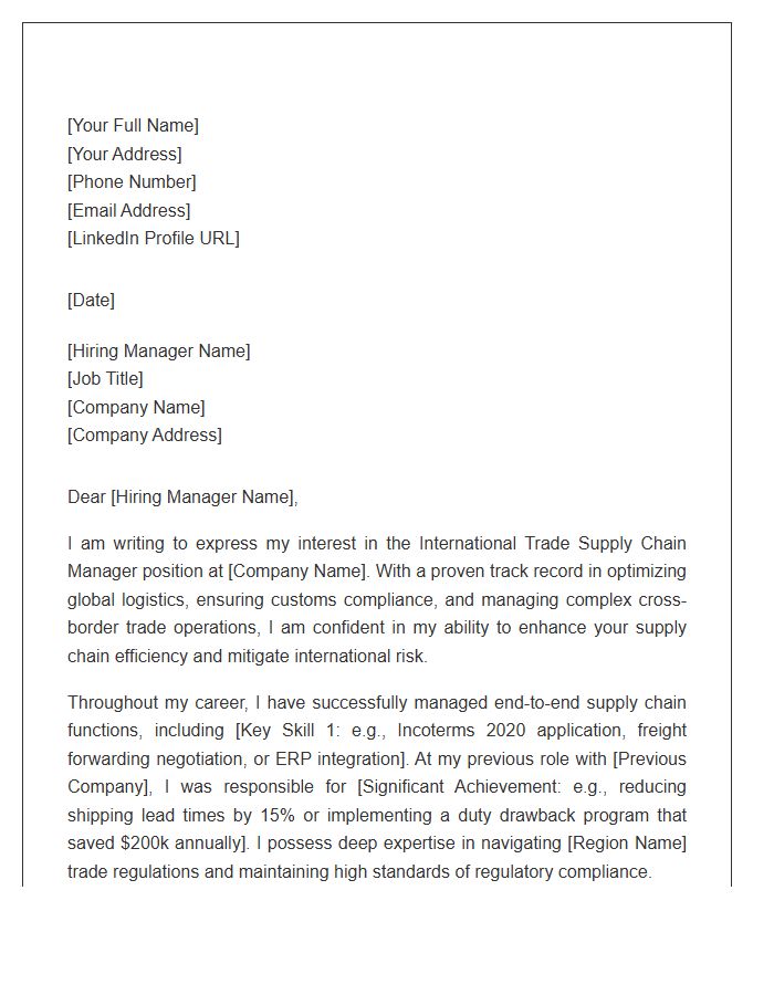 International Trade Supply Chain Manager Cover Letter Template