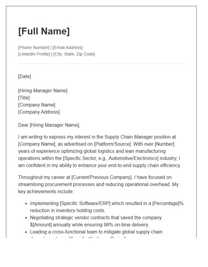 Manufacturing Industry Supply Chain Manager Cover Letter Template