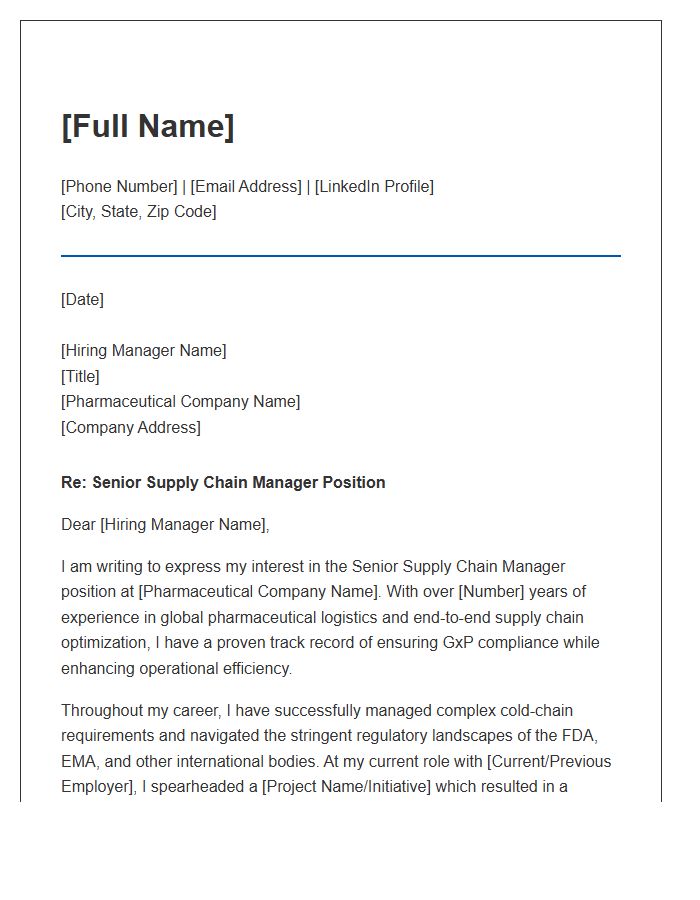 Pharmaceutical Senior Supply Chain Manager Cover Letter Template