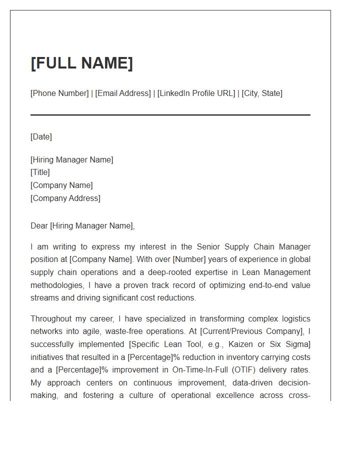 Senior Supply Chain Manager Lean Management Cover Letter Template