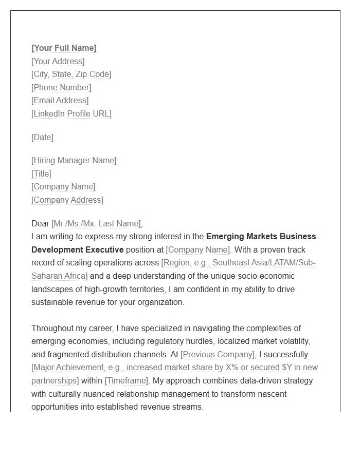Emerging Markets Business Development Executive Cover Letter Template