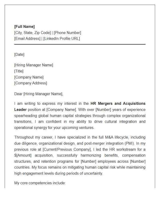 HR Mergers And Acquisitions Leader Cover Letter Template