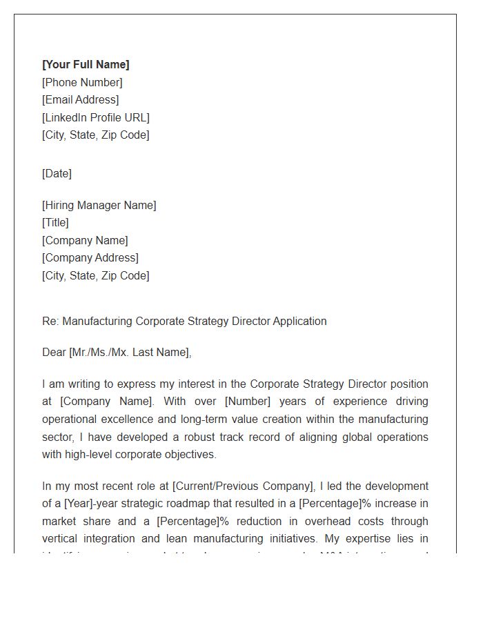 Manufacturing Corporate Strategy Director Cover Letter Template
