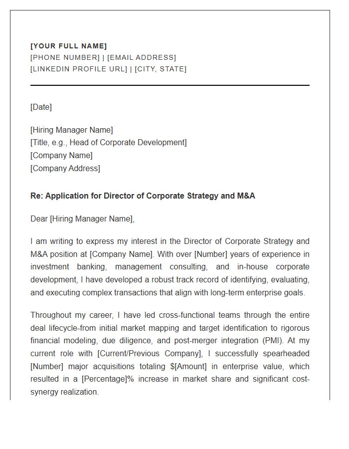 Mergers And Acquisitions Corporate Strategy Director Cover Letter Template