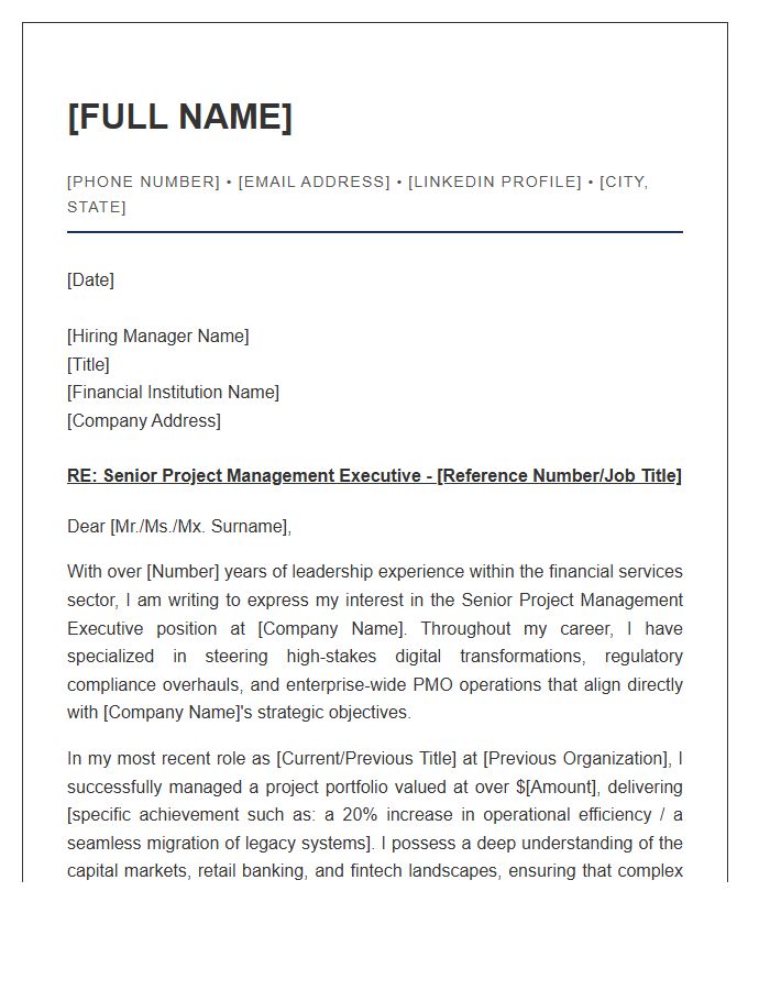 Financial Services Senior Project Management Executive Cover Letter Template