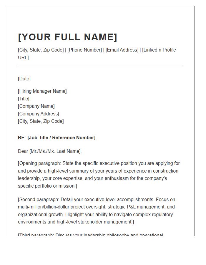 Senior Construction Project Management Executive Cover Letter Template