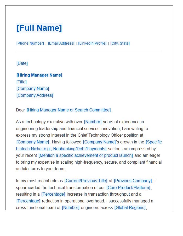Fintech CTO Professional Cover Letter Template
