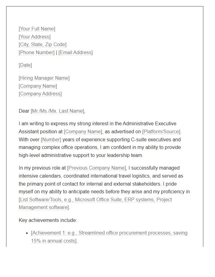 Administrative Executive Assistant Support Cover Letter Template