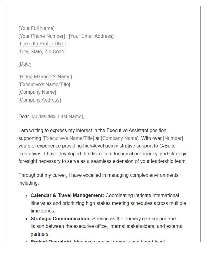 C-Suite Executive Assistant Support Cover Letter Template