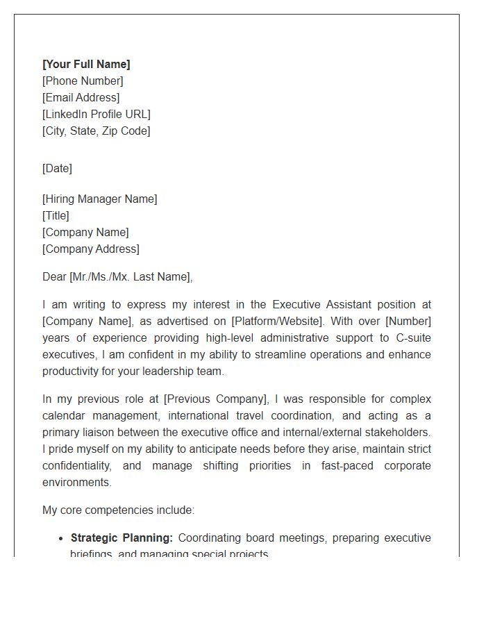 Corporate Executive Assistant Support Cover Letter Template