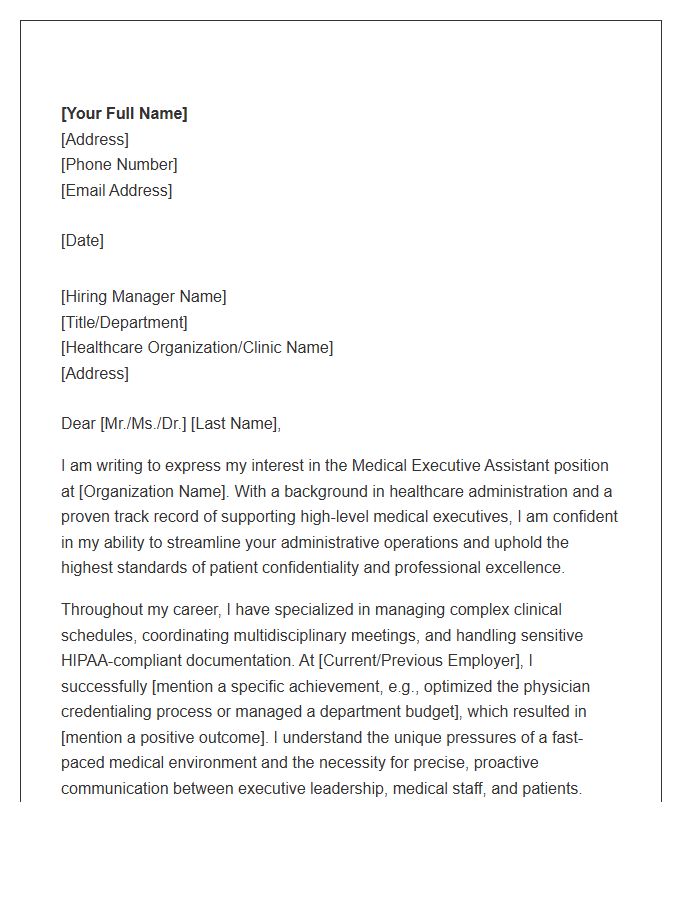 Medical Executive Assistant Support Cover Letter Template