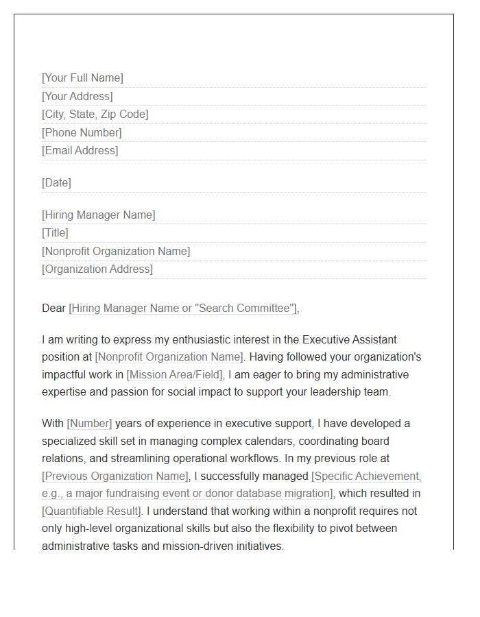 Nonprofit Executive Assistant Support Cover Letter Template