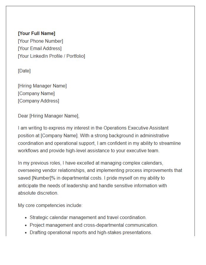 Operations Executive Assistant Support Cover Letter Template
