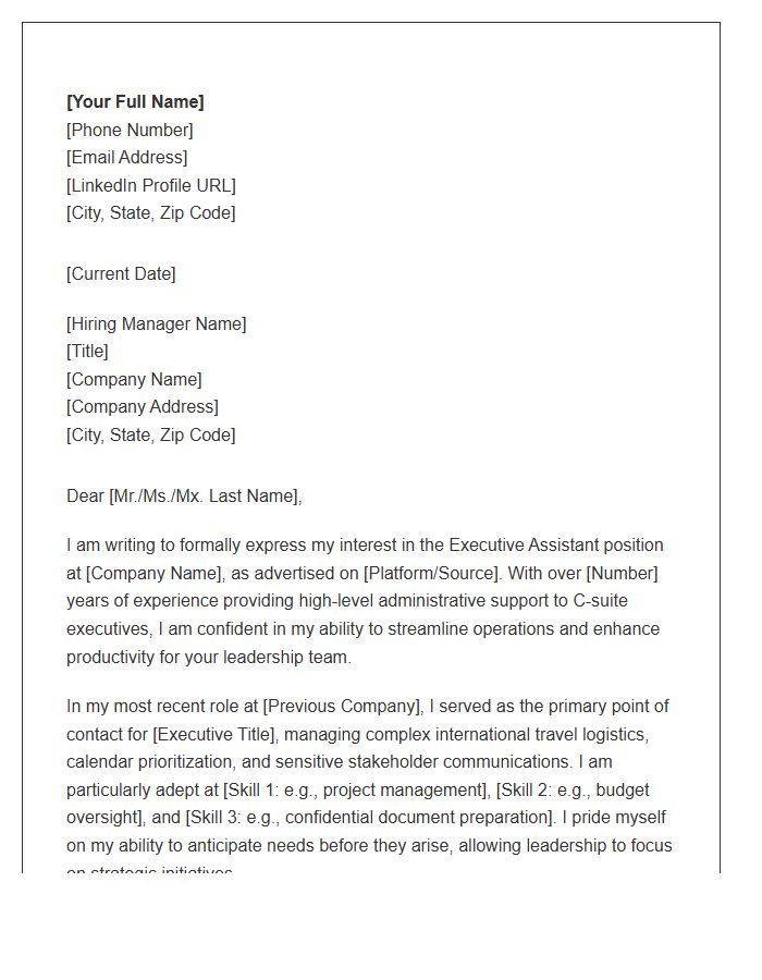 Professional Executive Assistant Support Cover Letter Template