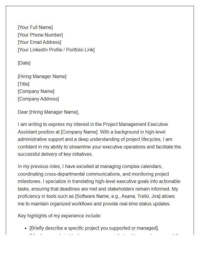 Project Management Executive Assistant Support Cover Letter Template