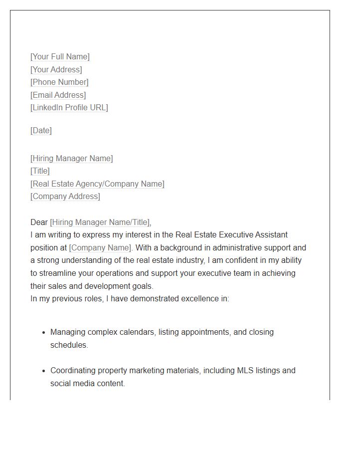 Real Estate Executive Assistant Support Cover Letter Template