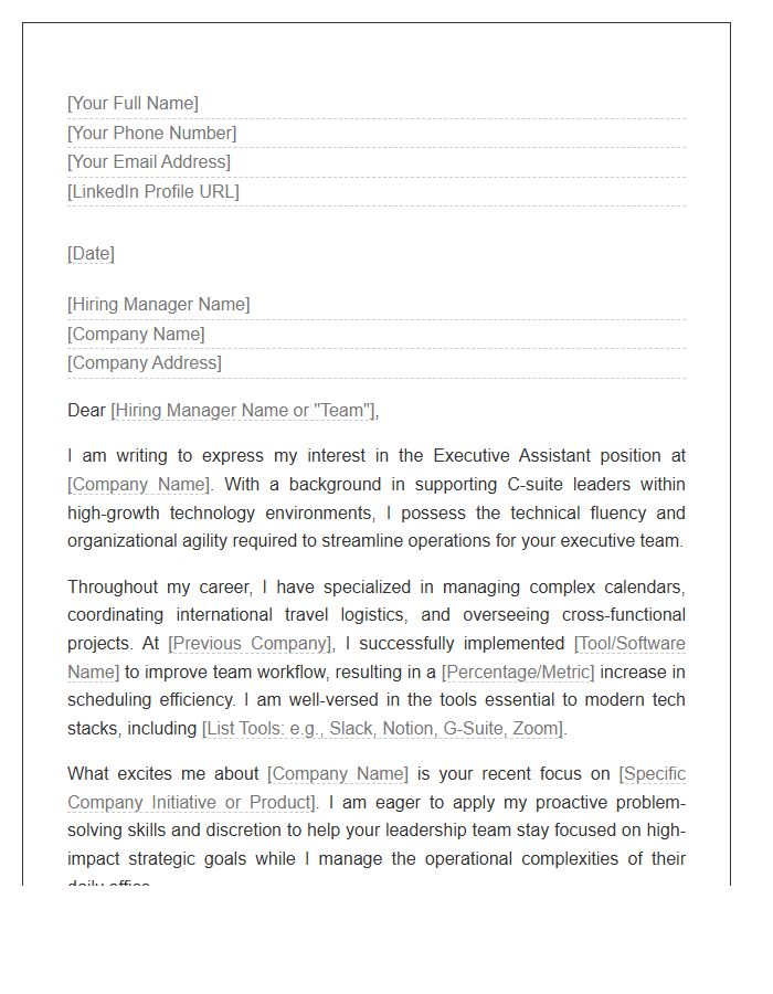 Tech Executive Assistant Support Cover Letter Template