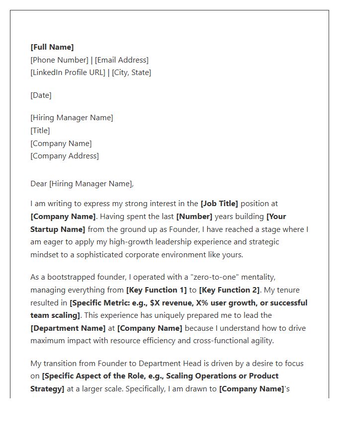 Bootstrapped Founder To Corporate Department Head Cover Letter Template