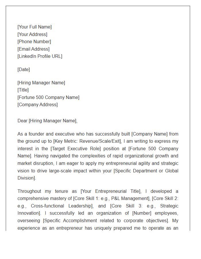 Entrepreneur To Fortune Five Hundred Executive Cover Letter Template