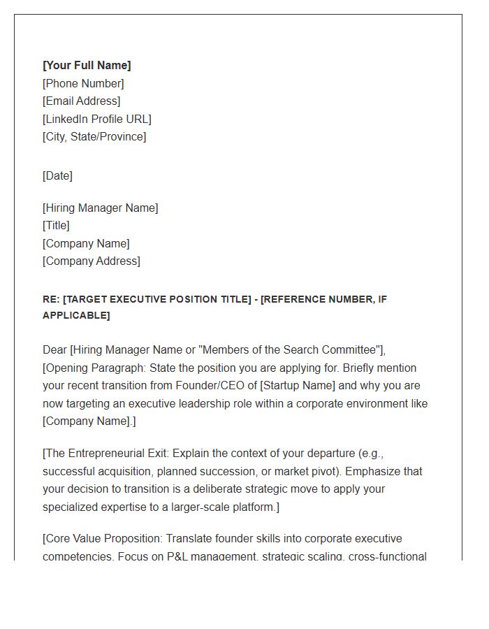 Exit Focused Founder To Corporate Executive Position Cover Letter Template