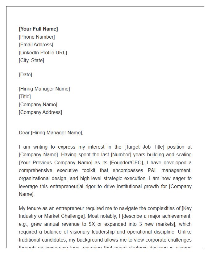 Former Entrepreneur Applying For Senior Executive Roles Cover Letter Template