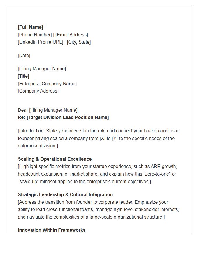 Scaled Startup Founder To Enterprise Division Lead Cover Letter Template