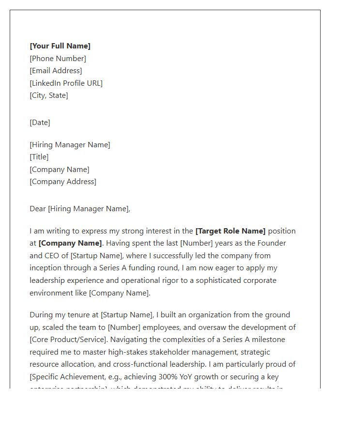Series A Founder Moving To Corporate Management Cover Letter Template