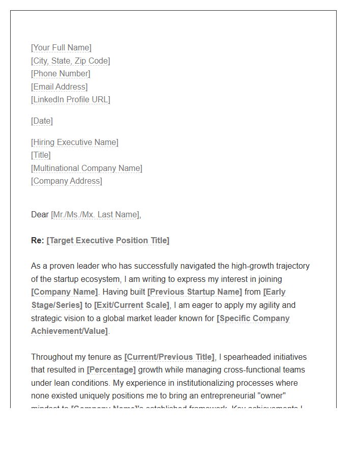 Startup Leader Transition To Multinational Executive Cover Letter Template