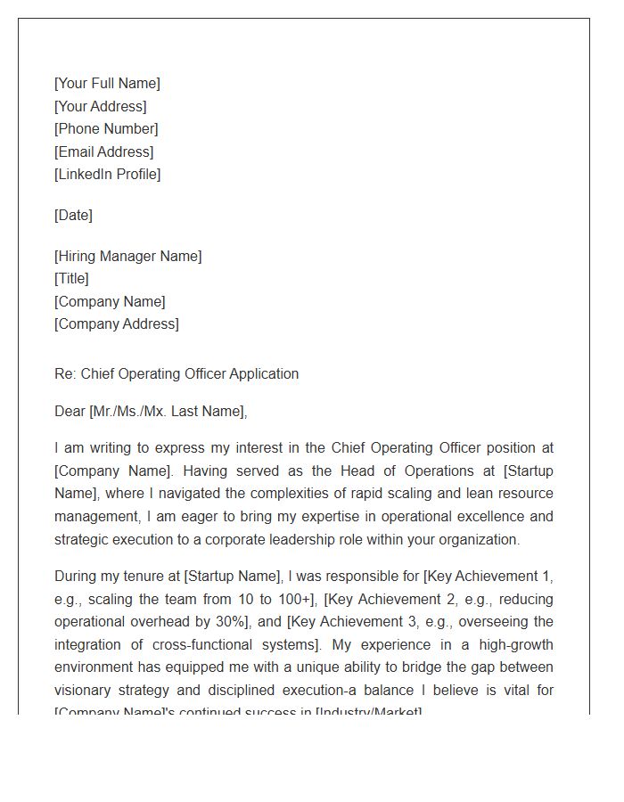 Startup Operations Head To Corporate COO Cover Letter Template