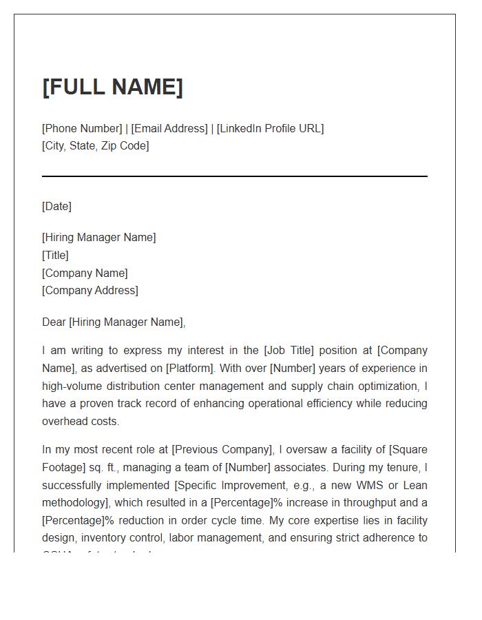 Distribution Center Logistics Operations Executive Cover Letter Template