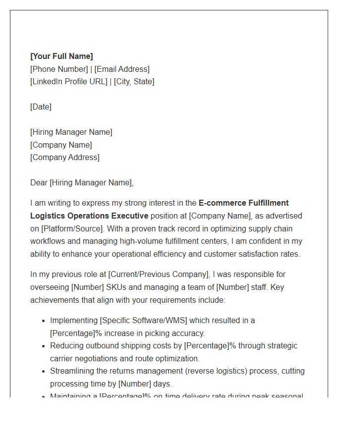 E-commerce Fulfillment Logistics Operations Executive Cover Letter Template