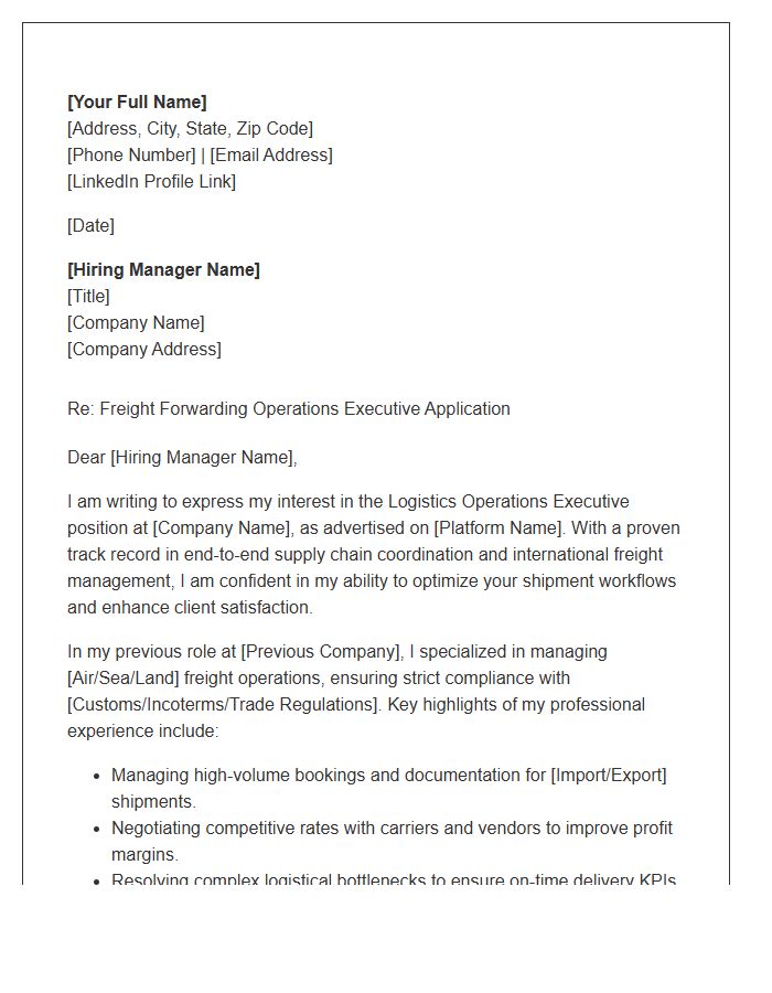 Freight Forwarding Logistics Operations Executive Cover Letter Template