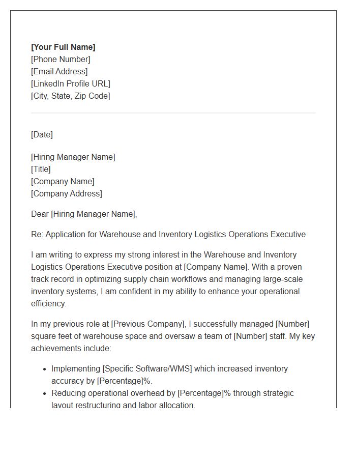 Warehouse And Inventory Logistics Operations Executive Cover Letter Template