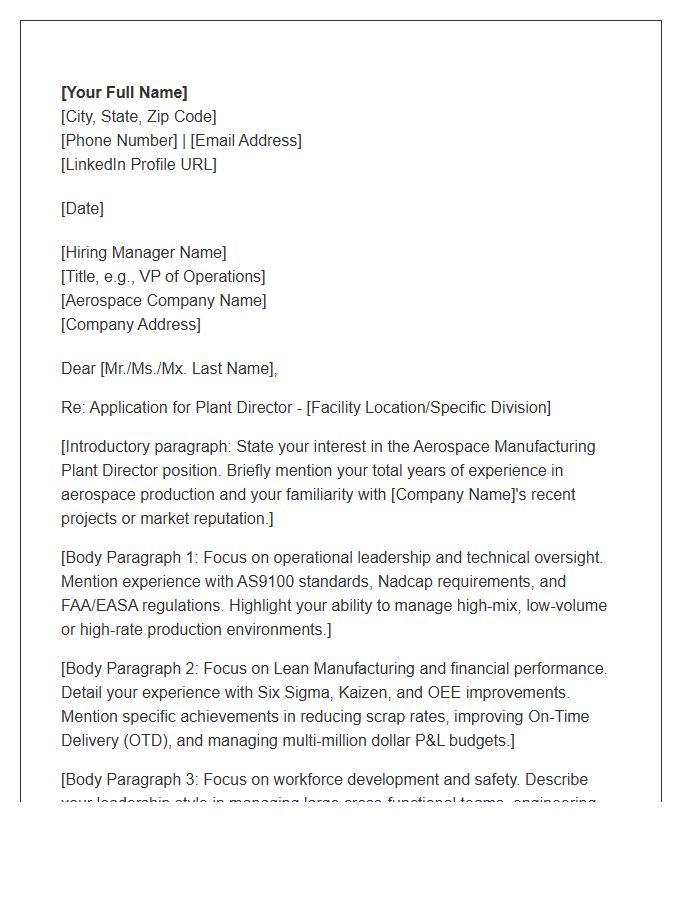 Aerospace Manufacturing Plant Director Cover Letter Template