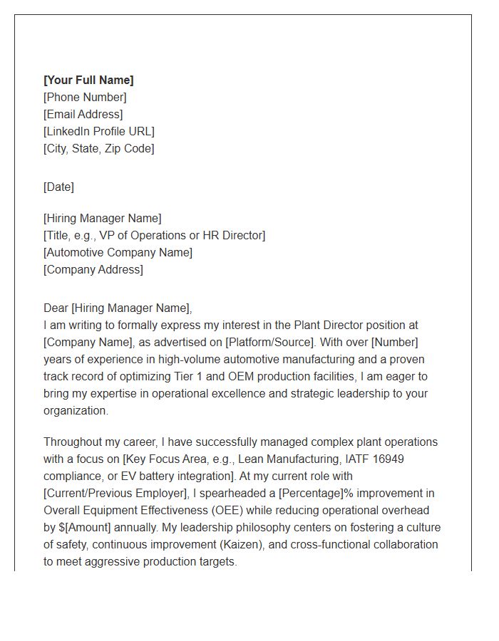 Automotive Manufacturing Plant Director Cover Letter Template