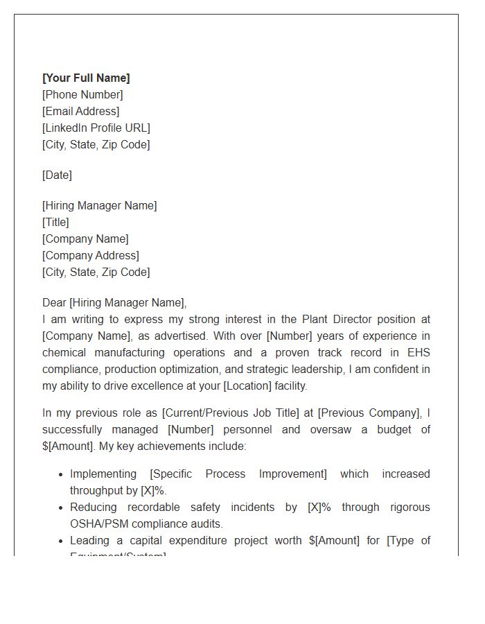 Chemical Manufacturing Plant Director Cover Letter Template