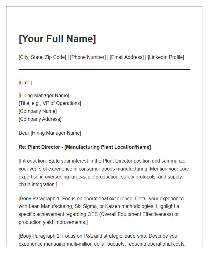 Consumer Goods Manufacturing Plant Director Cover Letter Template