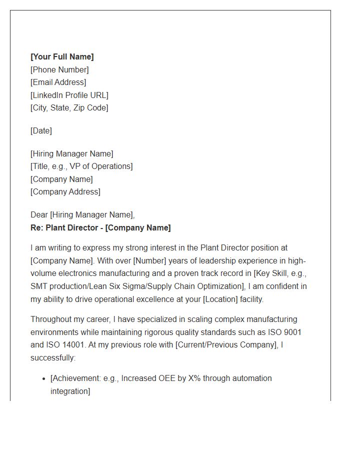 Electronics Manufacturing Plant Director Cover Letter Template