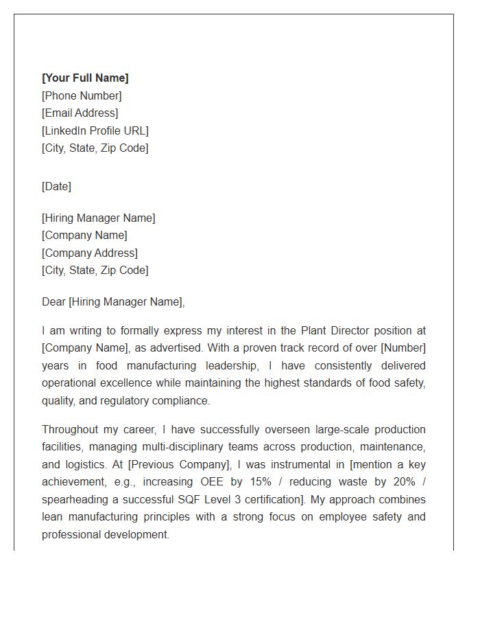 Food Processing Plant Director Cover Letter Template