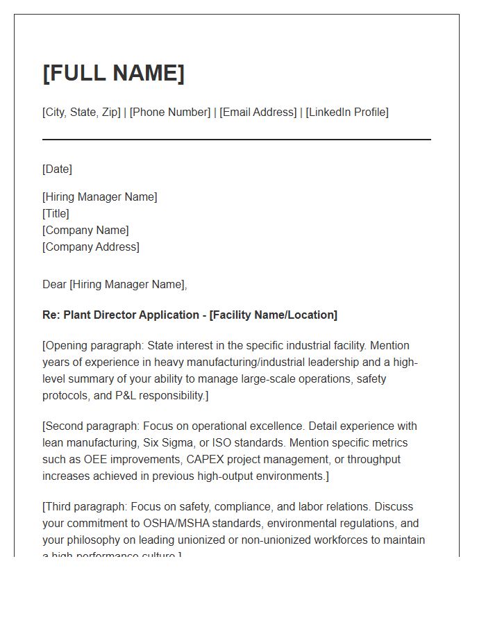 Heavy Industrial Plant Director Cover Letter Template