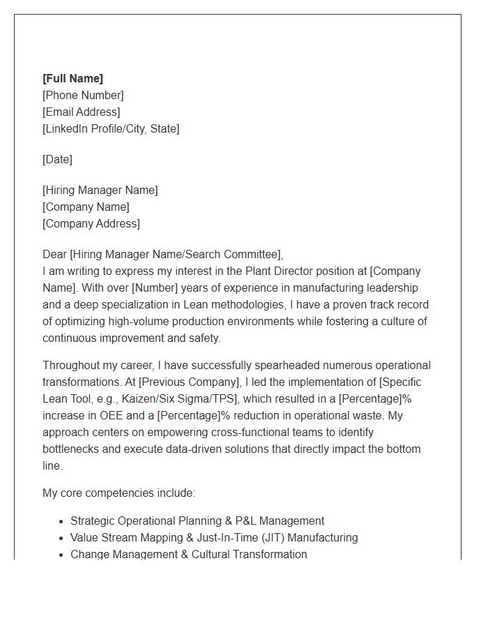 Lean Manufacturing Plant Director Cover Letter Template