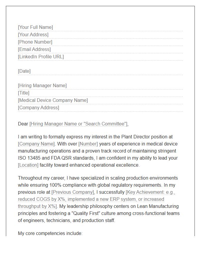 Medical Device Manufacturing Plant Director Cover Letter Template