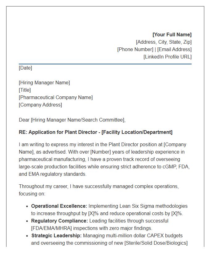 Pharmaceutical Plant Director Cover Letter Template