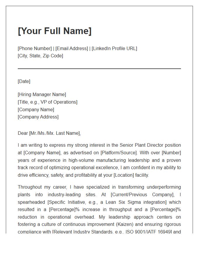 Senior Manufacturing Plant Director Cover Letter Template