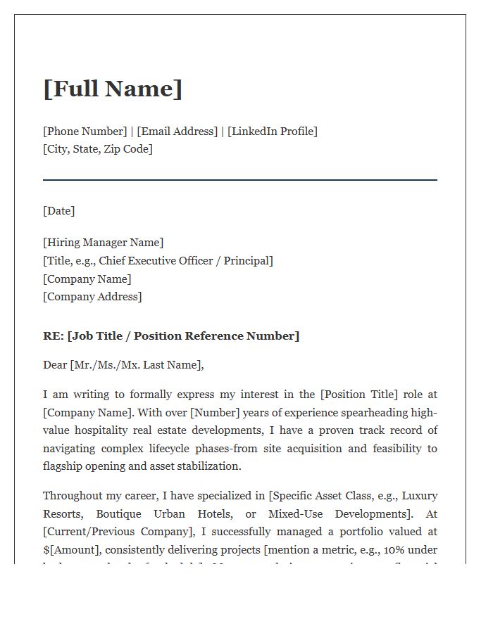 Hospitality Real Estate Development Executive Cover Letter Template