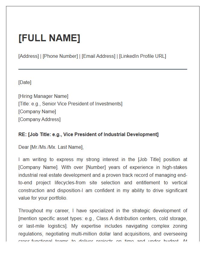 Industrial Real Estate Development Executive Cover Letter Template