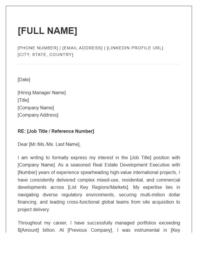 International Real Estate Development Executive Cover Letter Template
