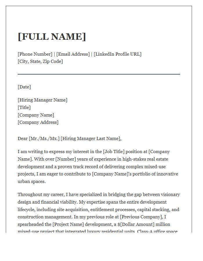 Mixed Use Real Estate Development Executive Cover Letter Template